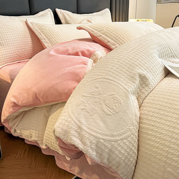 Thickened carved milk fleece winter warm reversible duvet cover