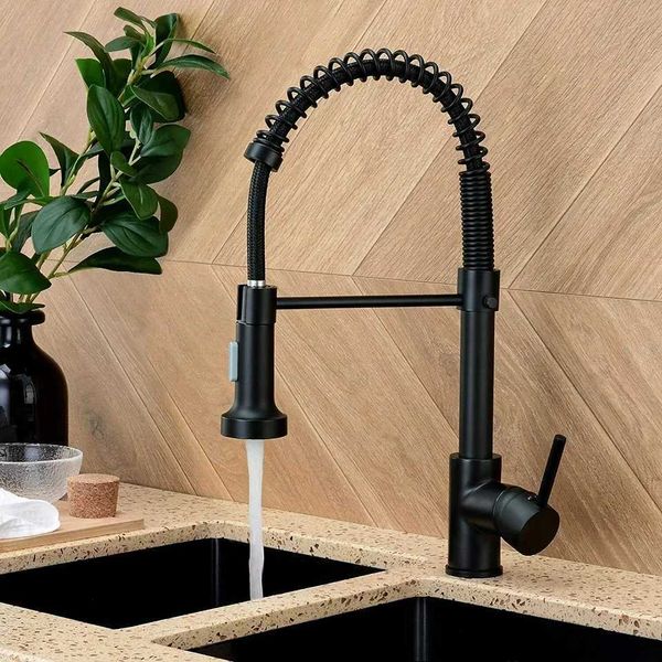 Matte black single-handle kitchen faucet with hot and cold water control, deck-mounted for bathroom or kitchen use