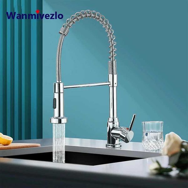 Chrome Spring Pull Down Kitchen Faucet with Rotating Stainless Steel Spray Head for Hot and Cold Water