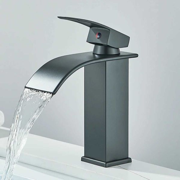 Matte black single-handle waterfall basin faucet for bathroom sinks with hot and cold water mixing