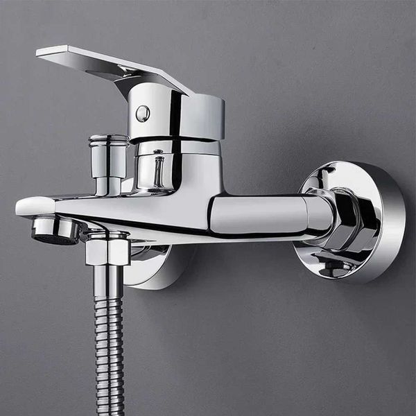 Chrome wall-mounted dual spout mixer tap for bathroom with hot/cold water splitter for basin and shower