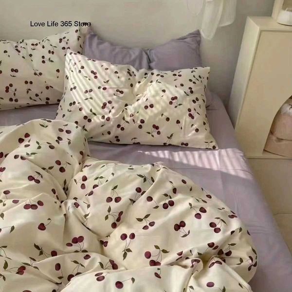 Ins Cherry Bedding Set in Twin, Full, Queen, and King sizes featuring purple bed linen for girls and adults, including a flat sheet, pillowcase, and comforter duvet cover C241218