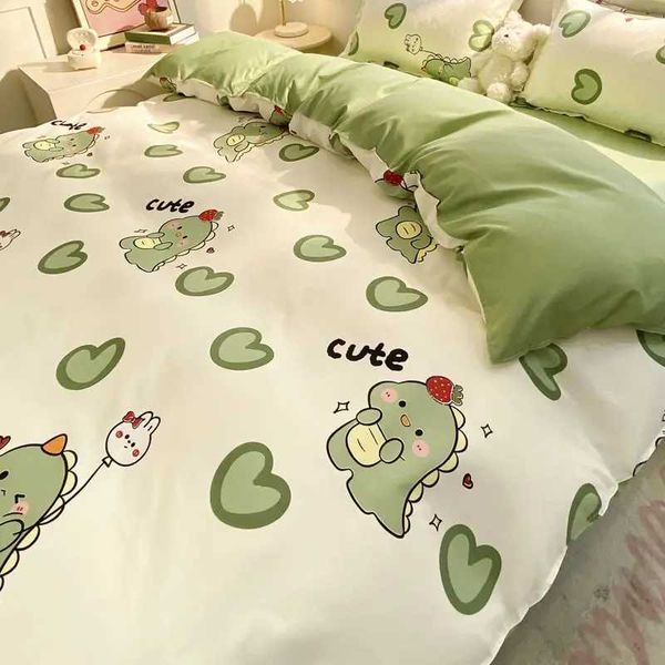 Cute dinosaur bedding set for children, includes duvet cover, flat sheet, and pillowcase, available in full and queen sizes for boys and girls