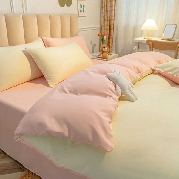Creamy pink and yellow bedding set for twin, full, queen, or king beds, featuring a flat sheet and pillowcase in a cute 180x220cm size, perfect for girls and adults