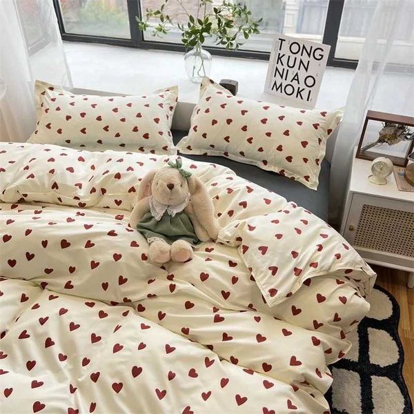 Korean-style red heart bedding set for kids and adults, available in twin, full, and queen sizes with matching pillowcases (duvet filler not included)