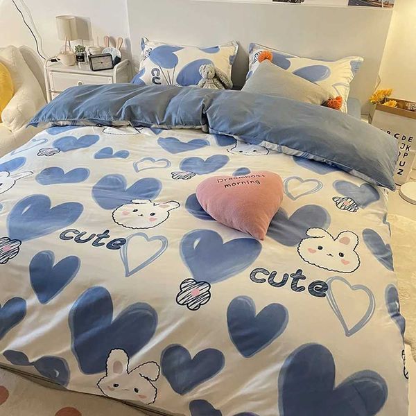 Rabbit-themed bedding set featuring a cute blue sweetheart design, with soft flat sheet, duvet cover, and pillowcase for single, double, or queen size beds