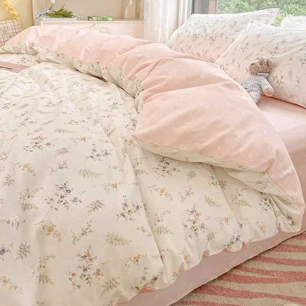 Ins Pink Flowers Bedding Set - Fashionable Flat Sheet, Duvet Cover (No Filling), Pillowcase for Twin, Full, Queen Size - Nordic Style Bedding for Boys and Girls C241218