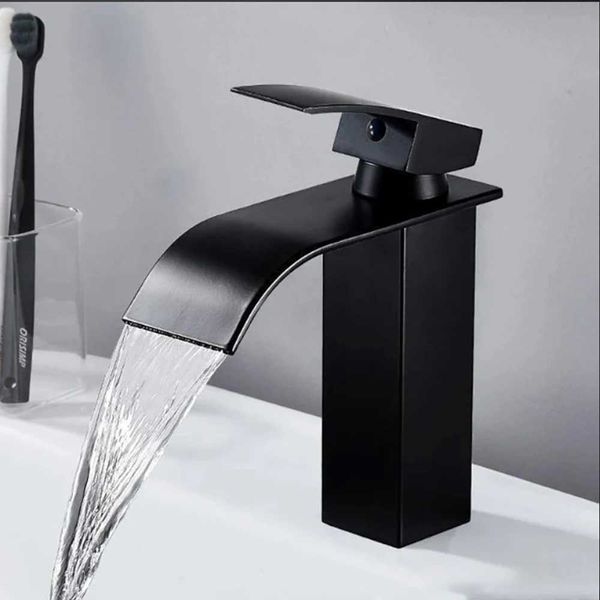 Stainless steel waterfall faucet in black for bathroom sink with hot and cold water options