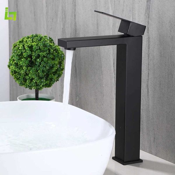 Matte black deck-mounted bathroom faucet in 304 stainless steel with square spout, available in short and tall versions for hot and cold water