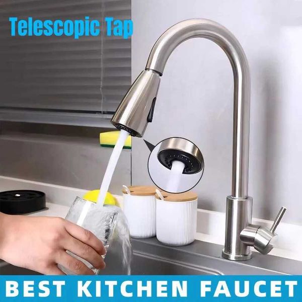 Brushed nickel kitchen faucet with 360-degree rotation, two-way sprayer, and single handle in silver and black