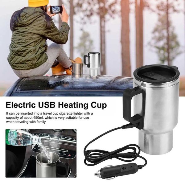 12V USB car electric kettle stainless steel inner tank electric heating car cup heating 450ml heating hot water cup Y241102