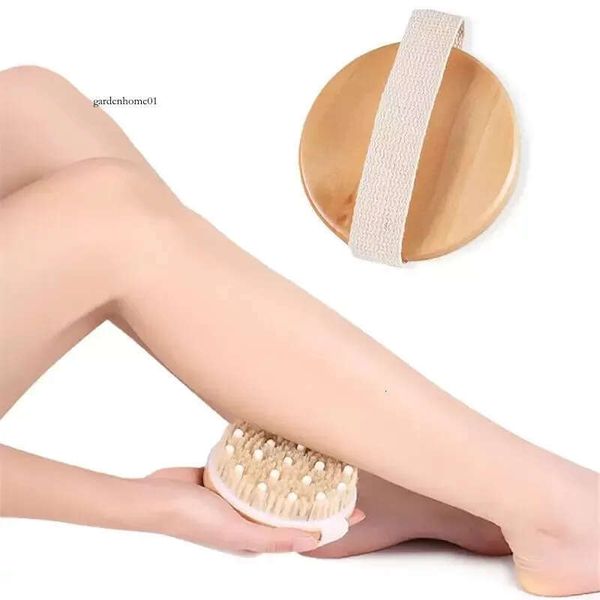 Natural bristle body brush with massage nodes for gentle exfoliation and circulation boost, suitable for wet or dry brushing at home