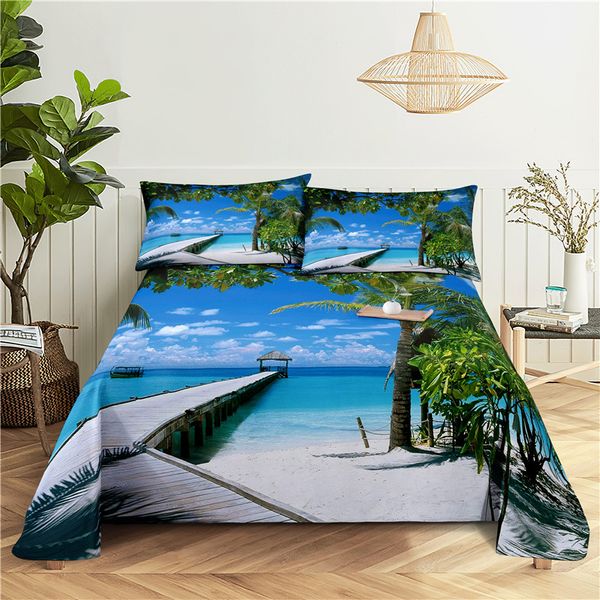Coconut Tree Beach bedding set with digital printed polyester flat sheet and matching pillowcases, available in sizes 0.9/1.2/1.5/1.8/2.0m
