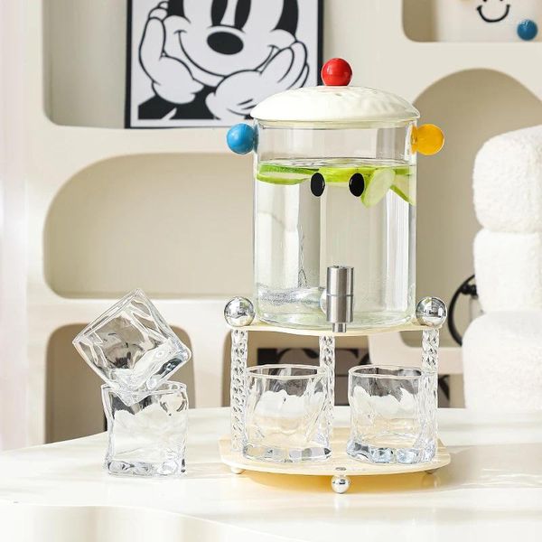 Glass Water Bottles Cold Kettle Cup Set Stainless Steel Faucet Large Capacity Jug Beverage Bucket Outdoor Party Picnic Juice Dispenser