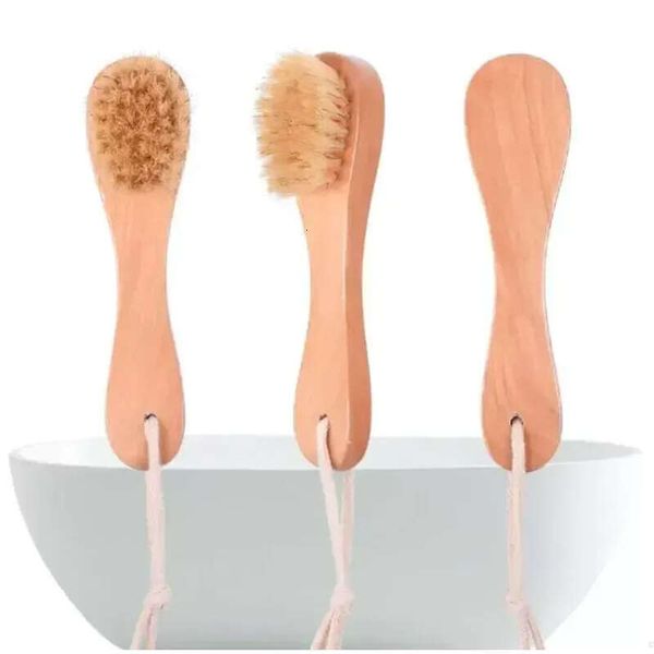 Natural boar bristle spa facial brush with wooden handle for blackhead removal and face massage