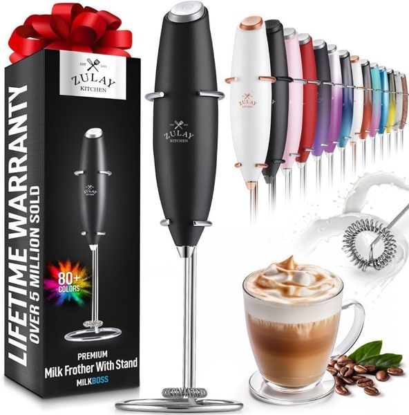 Zulay Kitchen Powerful Milk Foamer Latte Handheld foam Machine - Coffee Drink Mixer, Mini Foamer (Black)
