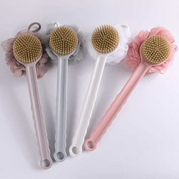 Long-handled shower brush with mesh sponge for exfoliating skin and back scrubbing