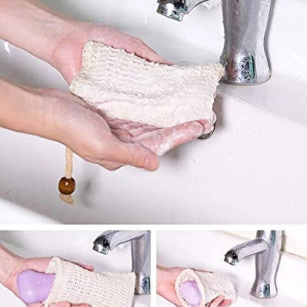 Natural mesh soap saver pouch for shower, exfoliating and foaming, measures 6x3.5 inches