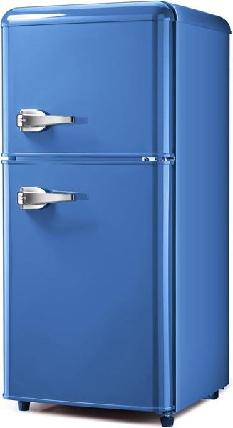 Retro-styled 3.2 cu ft mini fridge with separate freezer compartment in classic blue design