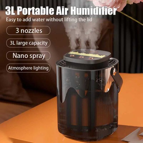 3L Air Humidifier Portable Small Ara Diffuser 3 Spray Ports Large Capacity USB Humidifier He Essential Oil Cold Mist Generator Y241104