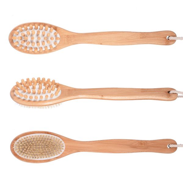 Double-sided massage brush with long handle for body exfoliation and bathing