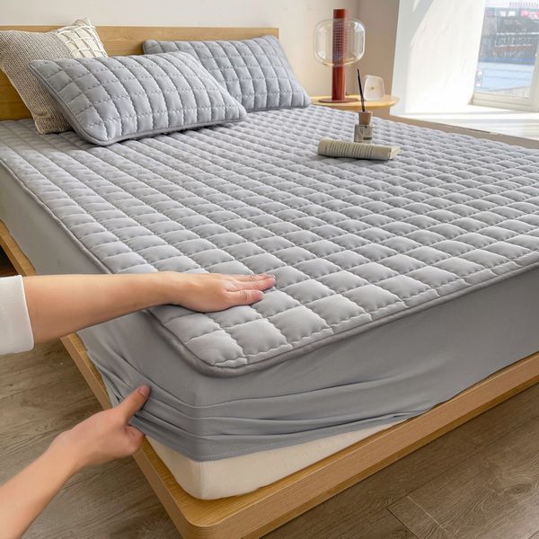 1pc quilted waterproof mattress protector, soft and comfortable, solid color fitted bed sheet for bedroom