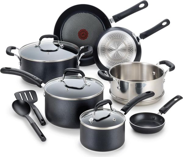 

Ultimate Hard Anodized Nonstick Cookware Set 12 Piece Oven 400F, Lid 350F Pots and Pans, Dishwasher Safe Black, Purple