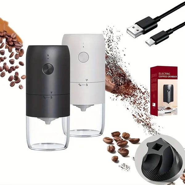 1pc electric conical burr coffee grinder with adjustable settings, compact and travel-friendly for whole beans, delivering superior grind quality