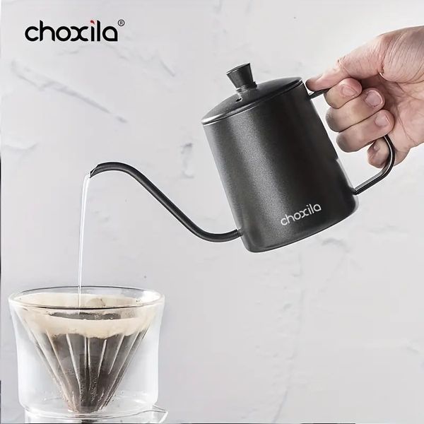 1PC 304 stainless steel pour-over coffee kettle with lid, ideal for drip bag coffee preparation, available in 350ml (12oz) and 600ml (20oz) sizes