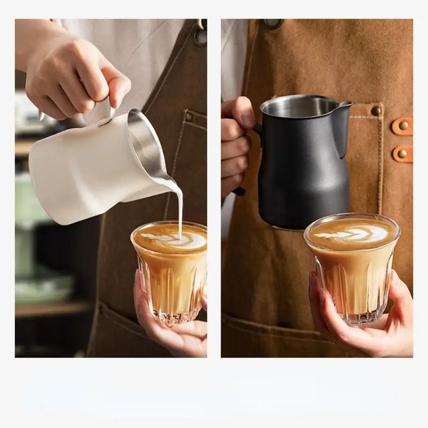 Italian 304 stainless steel milk frothing cup with scale, pointed spout, and crane mouth for latte art
