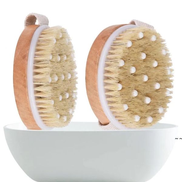 Natural bristle body brush with massage nodes for gentle exfoliation and improved circulation, suitable for wet or dry use