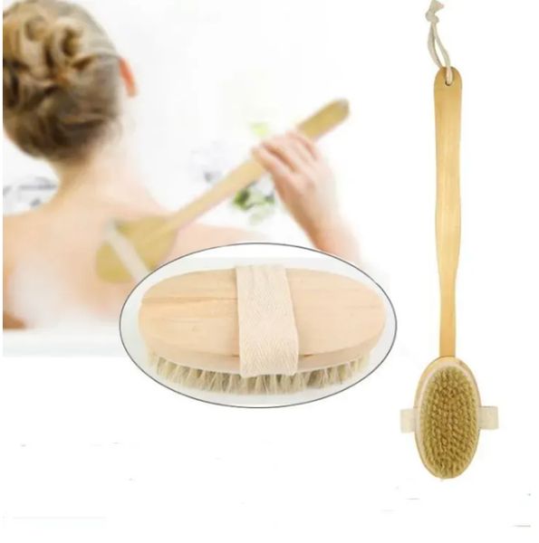 Natural bristle wooden body brush with long handle for shower and spa back scrubbing
