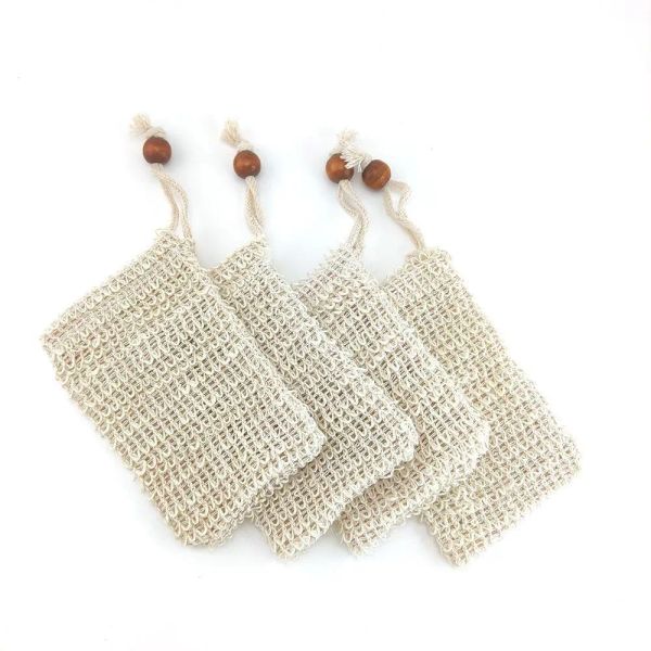Bath brushes, sponges, and scrubbers for shower and body exfoliation, including mesh bags and pouches made from natural organic ramie and sisal fibers