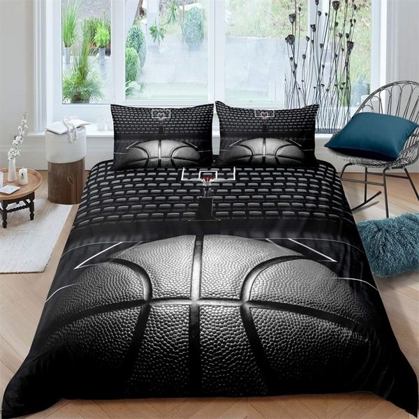 Basketball-themed black 3D ball duvet cover set with microfiber sports bedding for competitive game lovers in king size