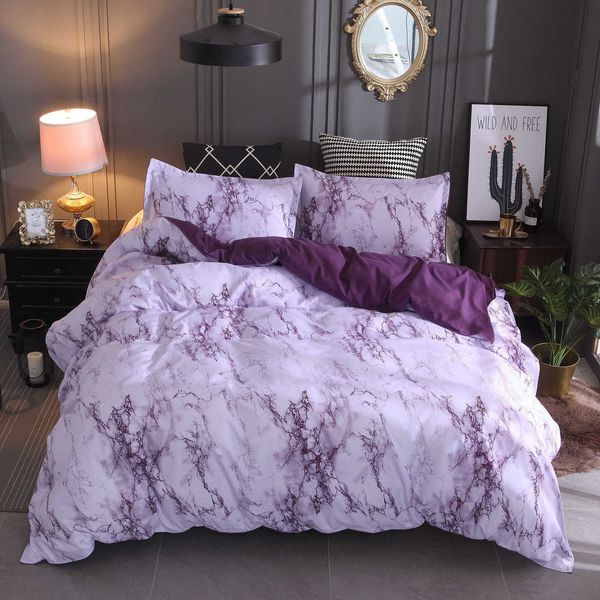 Printed marble design duvet cover set in white and purple, includes quilt and linens for king or queen beds
