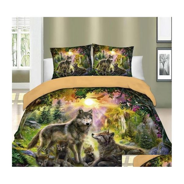 3D bedding sets featuring wolf-printed duvet covers with matching pillowcases for various bed sizes, available for home delivery