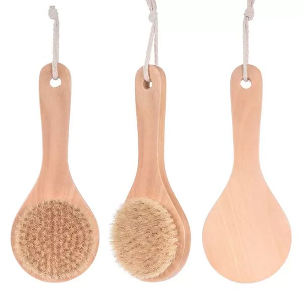 Dry bath brush with wooden handle and natural bristles for exfoliating and massaging in the shower