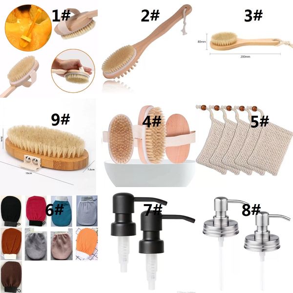 Natural boar bristle long-handled wooden body brush with soap dispenser and exfoliating glove