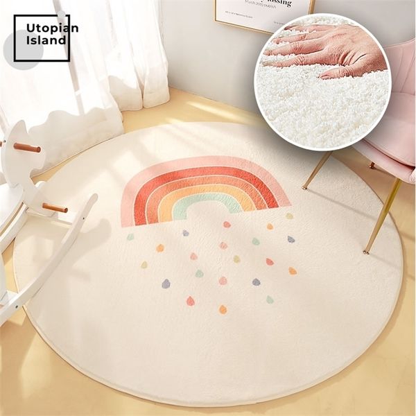 Modern fluffy round rainbow carpet for kids' bedroom or living room