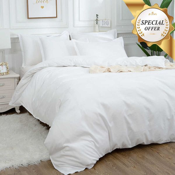 White duvet cover set neatly arranged on a striped king-size bed, measuring 180x210, suitable for single or double comforters