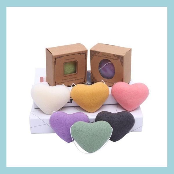 Bath brushes, sponges, scrubbers, and konjac facial cleansing puffs in heart shapes for exfoliating and cleaning face and body