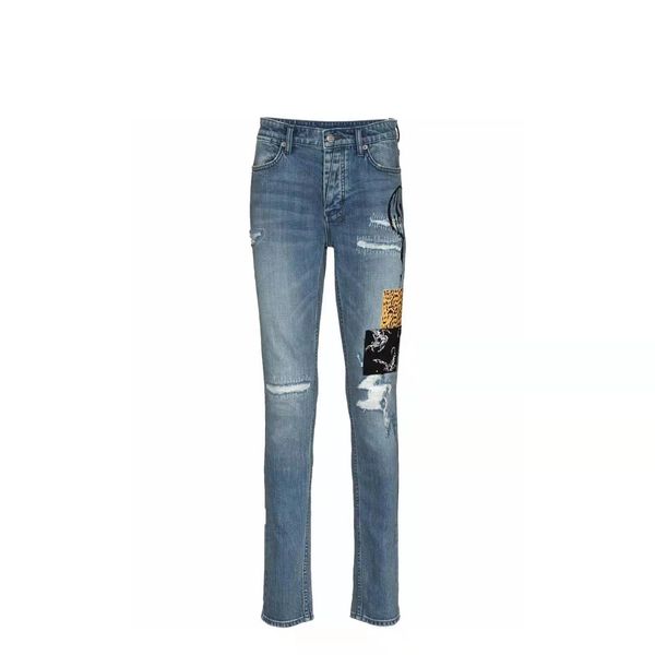jeans mens designer trouser legs open fork tight capris denim trousers add fleece thicken warm slimming jean pants brand clothing embroidery, Blue