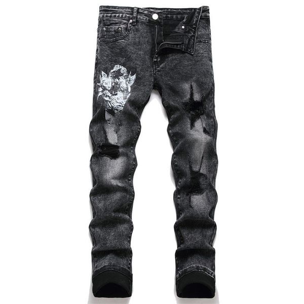 jeans men's designer pants white black rock revival motorcycle perforated embroidered hip hop letter geln, Blue
jeans men's designer pants white black rock revival motorcycle perforated embroidered hip hop letter geln, Blue