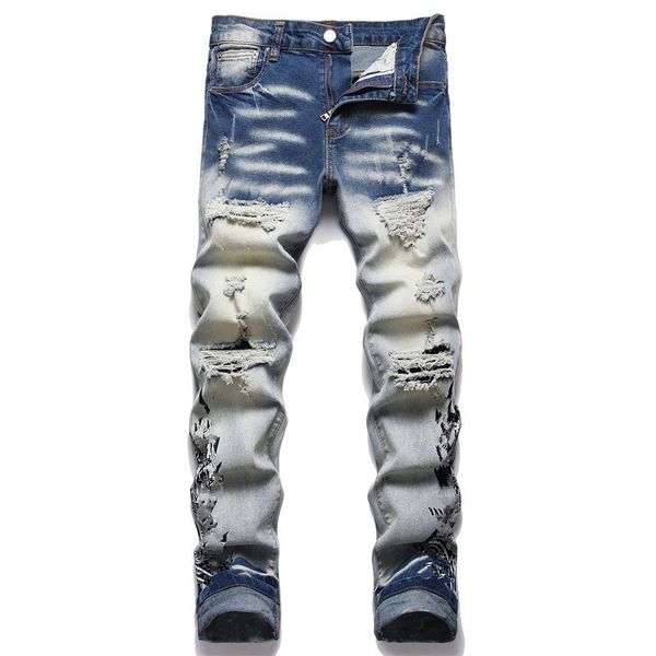 jeans men's designer pants white black rock revival motorcycle perforated embroidered hip hop letter czas, Blue
jeans men's designer pants white black rock revival motorcycle perforated embroidered hip hop letter czas, Blue