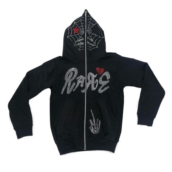 y2k full zip up hoodie men's hoodies skeleton men autumn winter sweatshirt hip hopoversized gothic rhinestones web jacket kkjg, Black