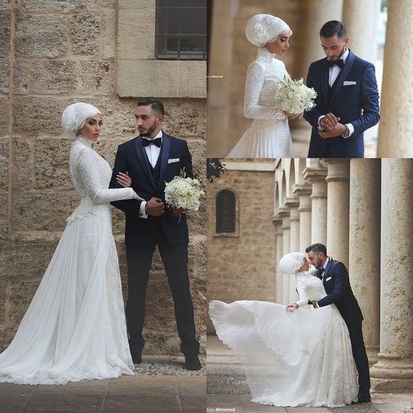 2018 new vintage high collar long sleeves muslim wedding dresses lace middle east style tiered skirts arabic long a-line bridal gowns, White
2018 new vintage high collar long sleeves muslim wedding dresses lace middle east style tiered skirts arabic long a-line bridal gowns, White