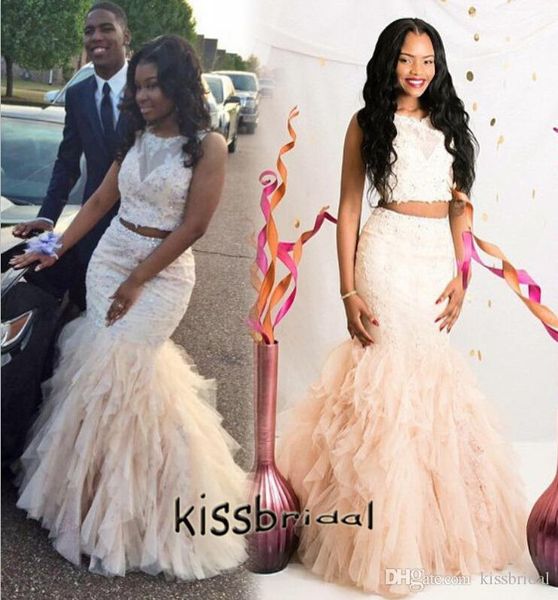 2021 fashionable two pieces mermaid prom dresses custom made champagne jewel neck beaded lace appliques ruffles court train evening gowns, Black
2021 fashionable two pieces mermaid prom dresses custom made champagne jewel neck beaded lace appliques ruffles court train evening gowns, Black