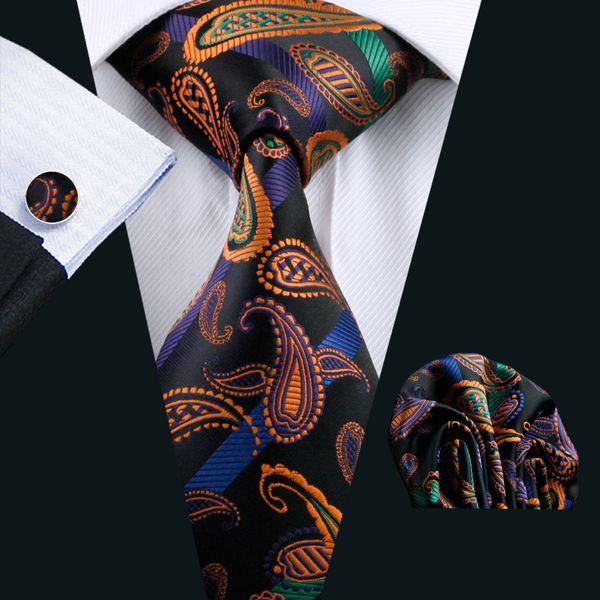 

Оранжевый галстук для мужчин классический Paisely Шелковый носовой платок запонки набор жаккардовые тканые формальные рабочая встреча досуг Н-0520