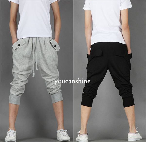 

wholesale- new men's fashion fleece casual capri jogger sports baggy harem loose plus size cropped pants hip hop rope pockets, White;black