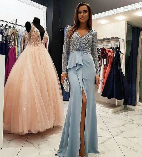 zuhair murad front split prom dresses with long sleeves v neck beading evening gowns sheath vestidos de fiesta floor length formal dress, Black
zuhair murad front split prom dresses with long sleeves v neck beading evening gowns sheath vestidos de fiesta floor length formal dress, Black